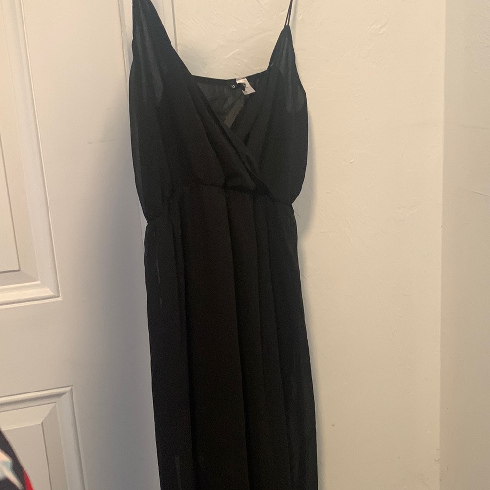 Size 12 long black dress with sheer bottom and black thick skirt under